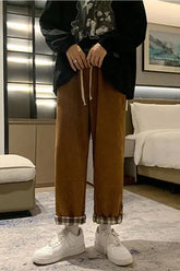 High Waist Back Side Plaid Corduroy Long Pants